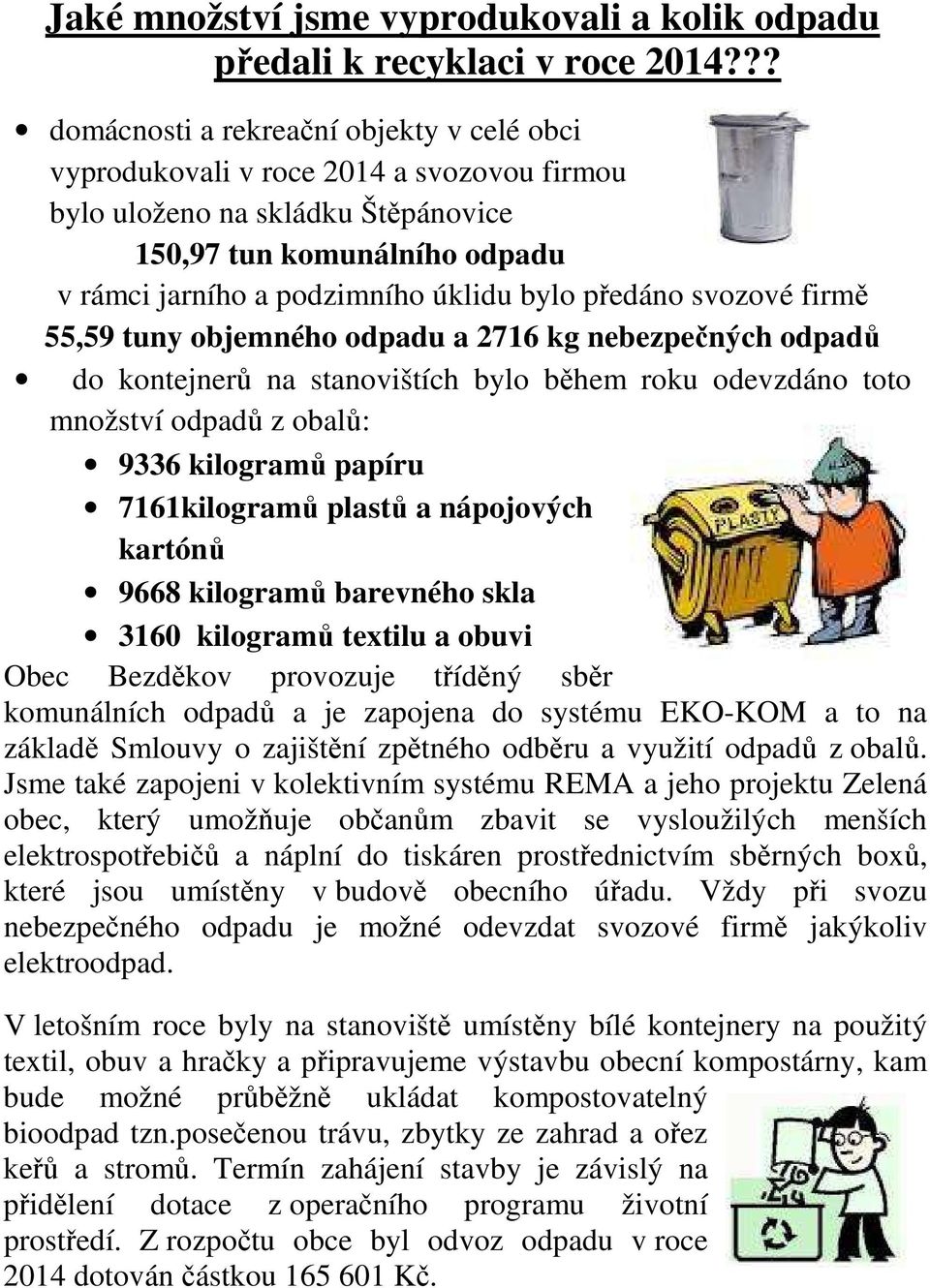 předáno svozové firmě 55,59 tuny objemného odpadu a 2716 kg nebezpečných odpadů do kontejnerů na stanovištích bylo během roku odevzdáno toto množství odpadů z obalů: 9336 kilogramů papíru