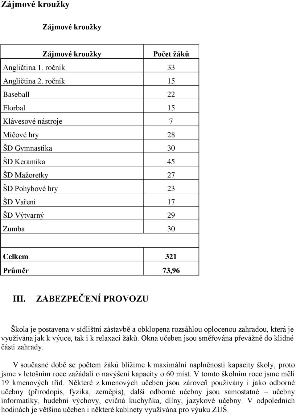 ZABEZPEČENÍ PROVOZU Škola je postavena v sídlištní zástavbě a obklopena rozsáhlou oplocenou zahradou, která je využívána jak k výuce, tak i k relaxaci žáků.