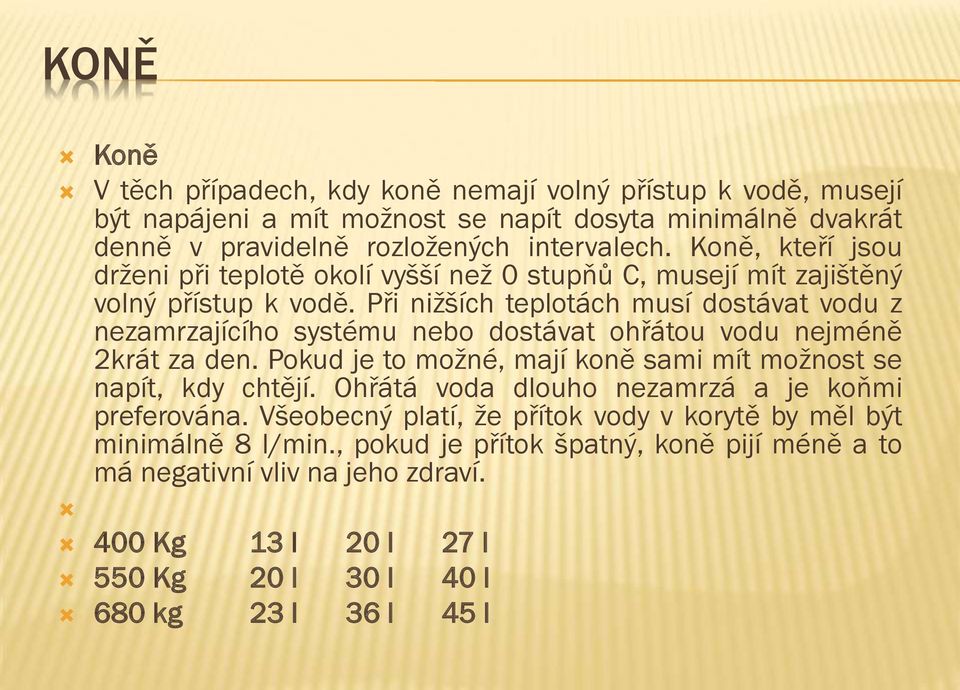 Při nižších teplotách musí dostávat vodu z nezamrzajícího systému nebo dostávat ohřátou vodu nejméně 2krát za den. Pokud je to možné, mají koně sami mít možnost se napít, kdy chtějí.