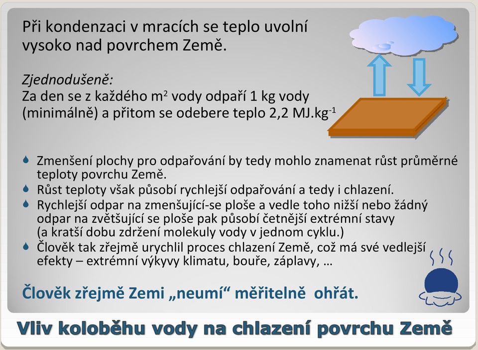 kg -1 Zmenšení plochy pro odpařování by tedy mohlo znamenat růst průměrné teploty povrchu Země. Růst teploty však působí rychlejší odpařování a tedy i chlazení.