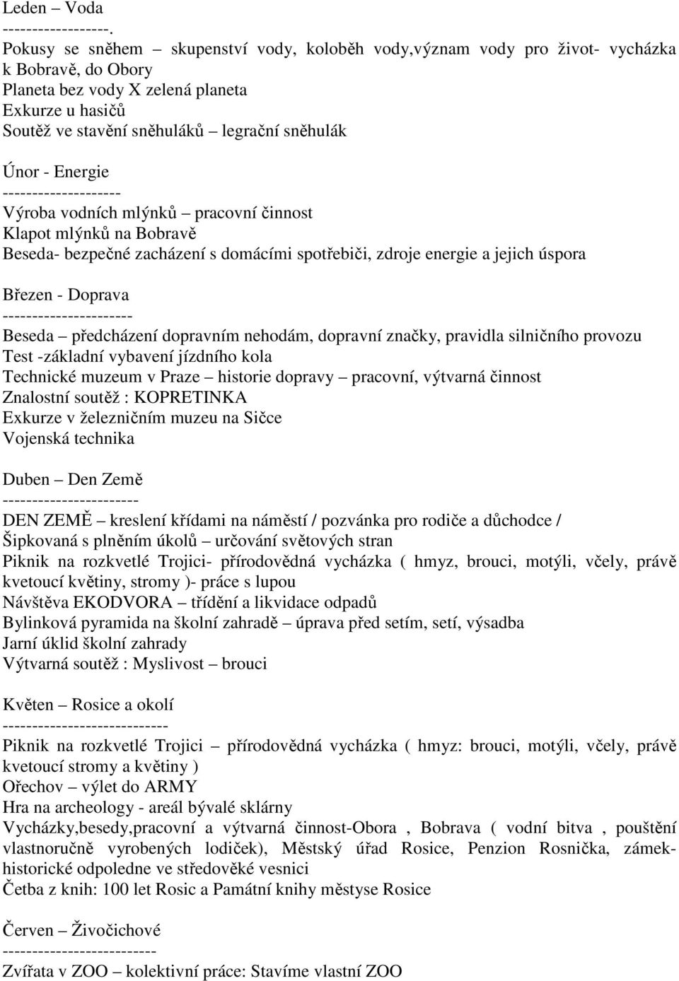 Únor - Energie -------------------- Výroba vodních mlýnků pracovní činnost Klapot mlýnků na Bobravě Beseda- bezpečné zacházení s domácími spotřebiči, zdroje energie a jejich úspora Březen - Doprava