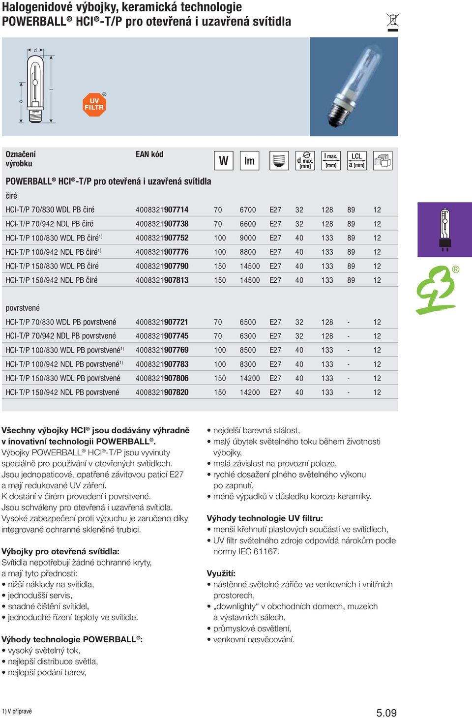 4008321907776 100 8800 E27 40 133 89 12 HCI-T/P 150/830 WDL PB čiré 4008321907790 150 14500 E27 40 133 89 12 HCI-T/P 150/942 NDL PB čiré 4008321907813 150 14500 E27 40 133 89 12 povrstvené HCI-T/P