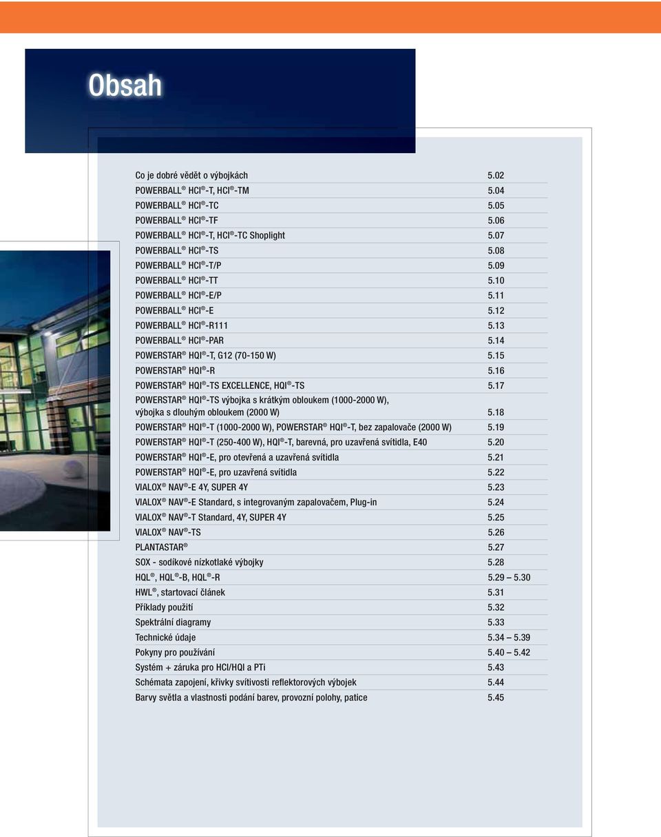 15 POWERSTAR HQI -R 5.16 POWERSTAR HQI -TS EXCELLENCE, HQI -TS 5.17 POWERSTAR HQI -TS výbojka s krátkým obloukem (1000-2000 W), výbojka s dlouhým obloukem (2000 W) 5.