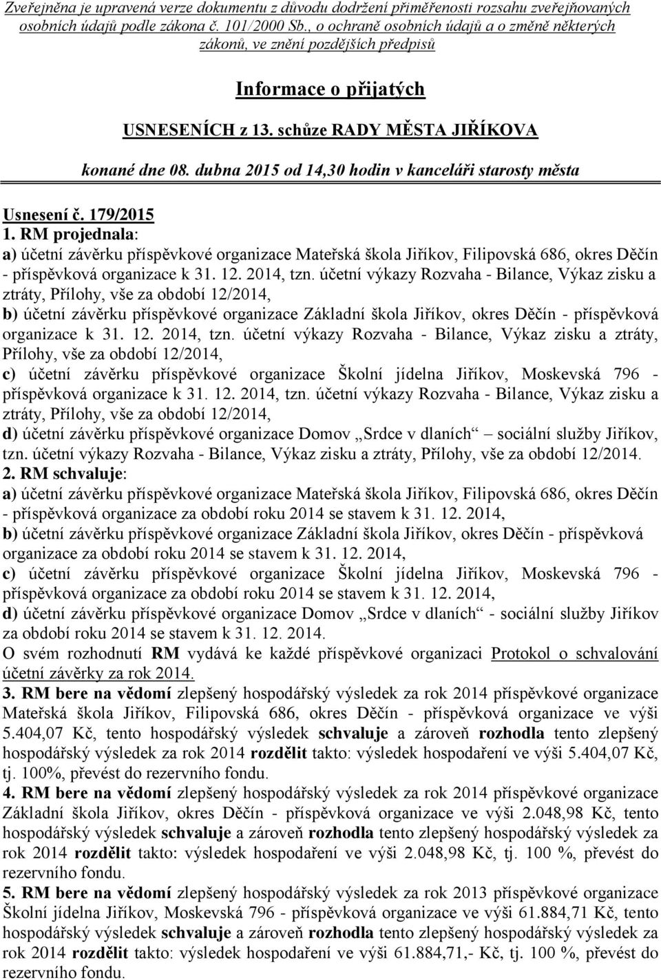 dubna 2015 od 14,30 hodin v kanceláři starosty města Usnesení č. 179/2015 1.