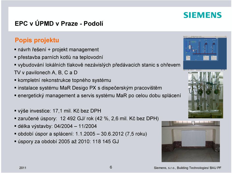 energetický management a servis systému MaR po celou dobu splácení výše investice: 17,1 mil.