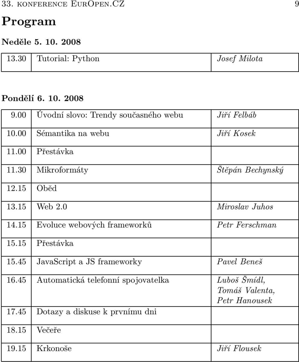 30 Mikroformáty Štěpán Bechynský 12.15 Oběd 13.15 Web 2.0 Miroslav Juhos 14.15 Evoluce webových frameworků Petr Ferschman 15.15 Přestávka 15.