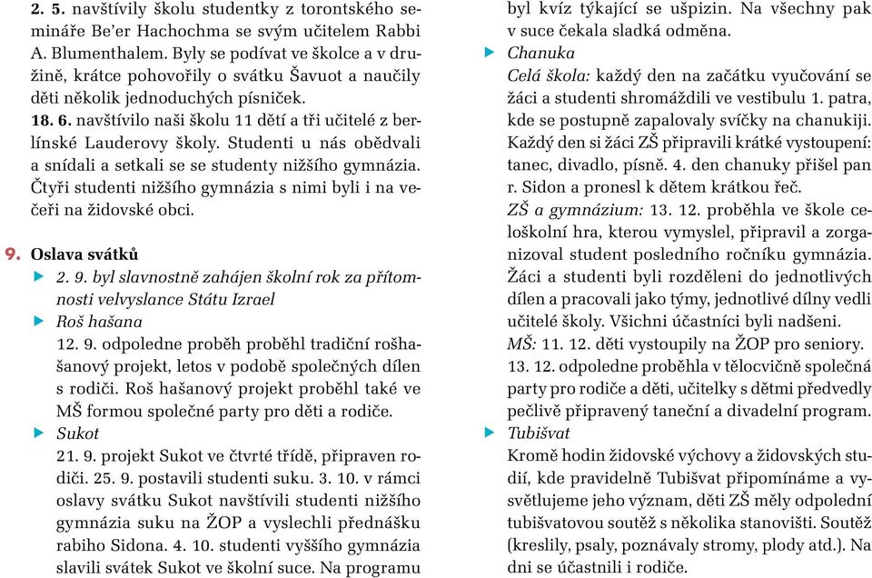 Studenti u nás obědvali a snídali a setkali se se studenty nižšího gymnázia. Čtyři studenti nižšího gymnázia s nimi byli i na večeři na židovské obci. 9.