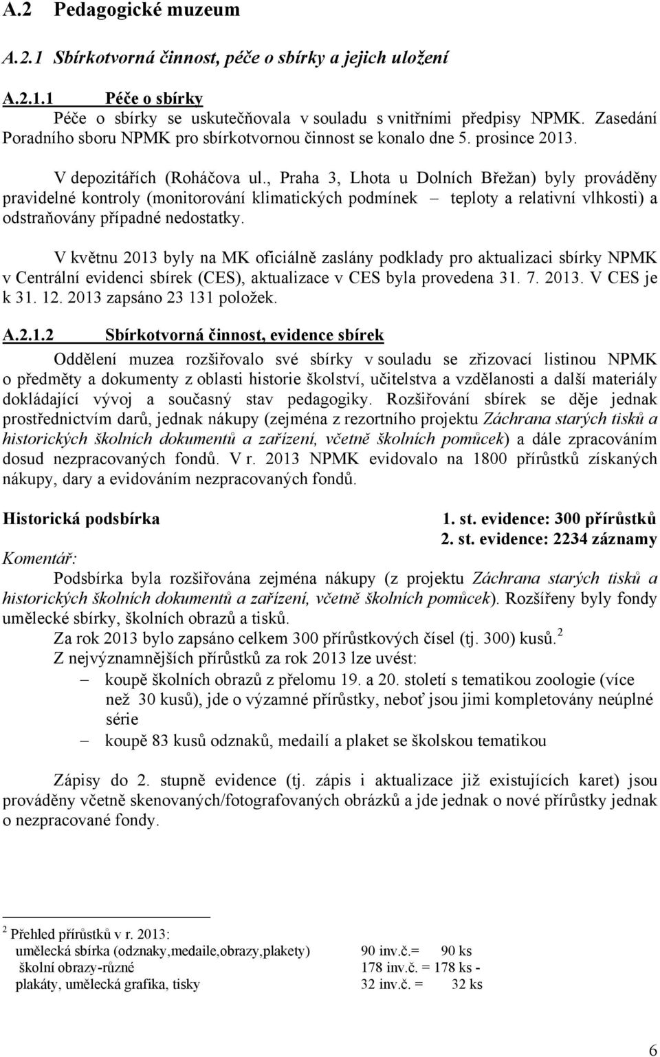 , Praha 3, Lhota u Dolních Břežan) byly prováděny pravidelné kontroly (monitorování klimatických podmínek teploty a relativní vlhkosti) a odstraňovány případné nedostatky.