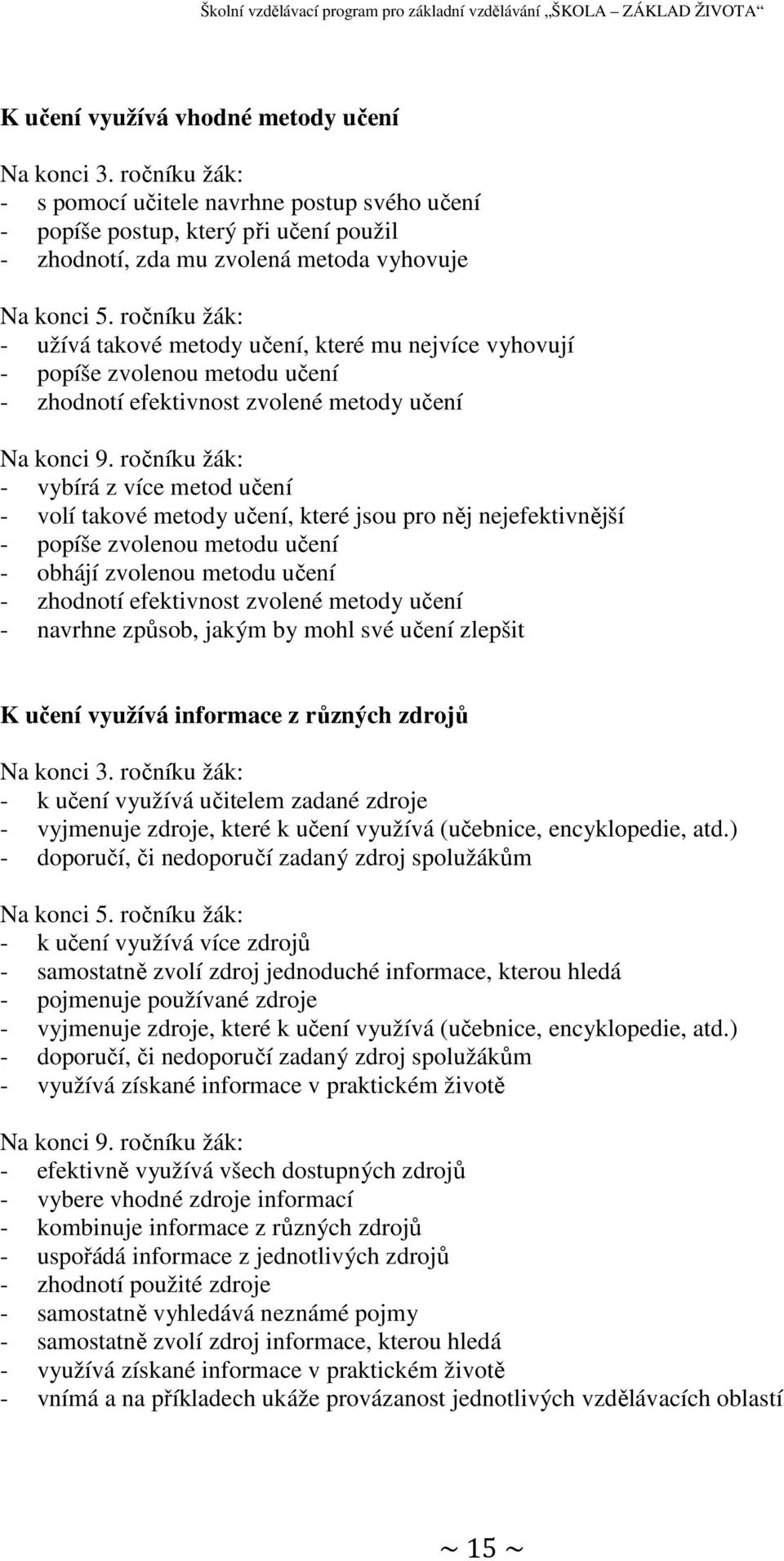 ročníku žák: - užívá takové metody učení, které mu nejvíce vyhovují - popíše zvolenou metodu učení - zhodnotí efektivnost zvolené metody učení Na konci 9.