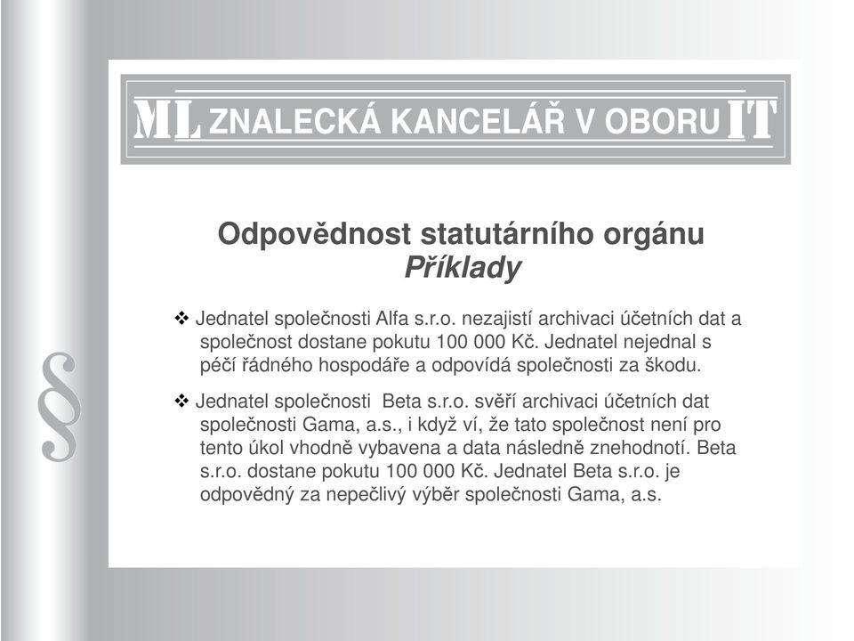 s., i když ví, že tato společnost není pro tento úkol vhodně vybavena a data následně znehodnotí. Beta s.r.o. dostane pokutu 100 000 Kč.