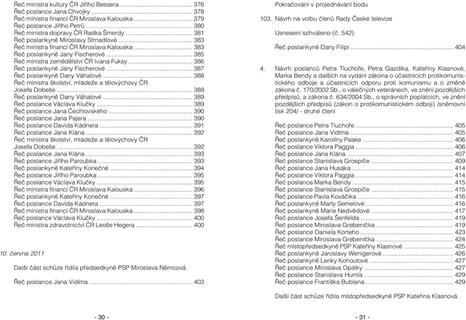 .. 386 Řeč poslankyně Jany Fischerové... 387 Řeč poslankyně Dany Váhalové... 388 Řeč ministra školství, mládeže a tělovýchovy ČR Josefa Dobeše... 388 Řeč poslankyně Dany Váhalové.