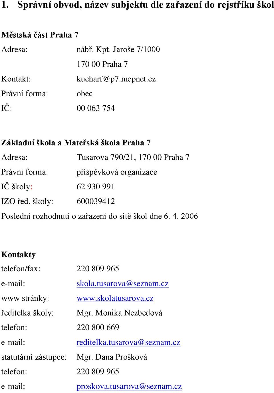 řed. školy: 600039412 Poslední rozhodnutí o zařazení do sítě škol dne 6. 4. 2006 Kontakty telefon/fax: 220 809 965 e-mail: skola.tusarova@seznam.cz www stránky: www.skolatusarova.