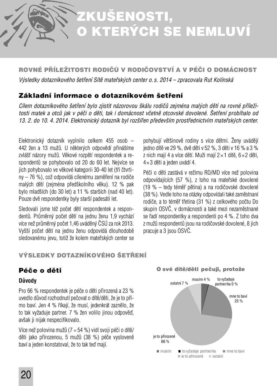 péči o děti, tak i domácnost včetně otcovské dovolené. Šetření probíhalo od 13. 2. do 10. 4. 2014. Elektronický dotazník byl rozšířen především prostřednictvím mateřských center.