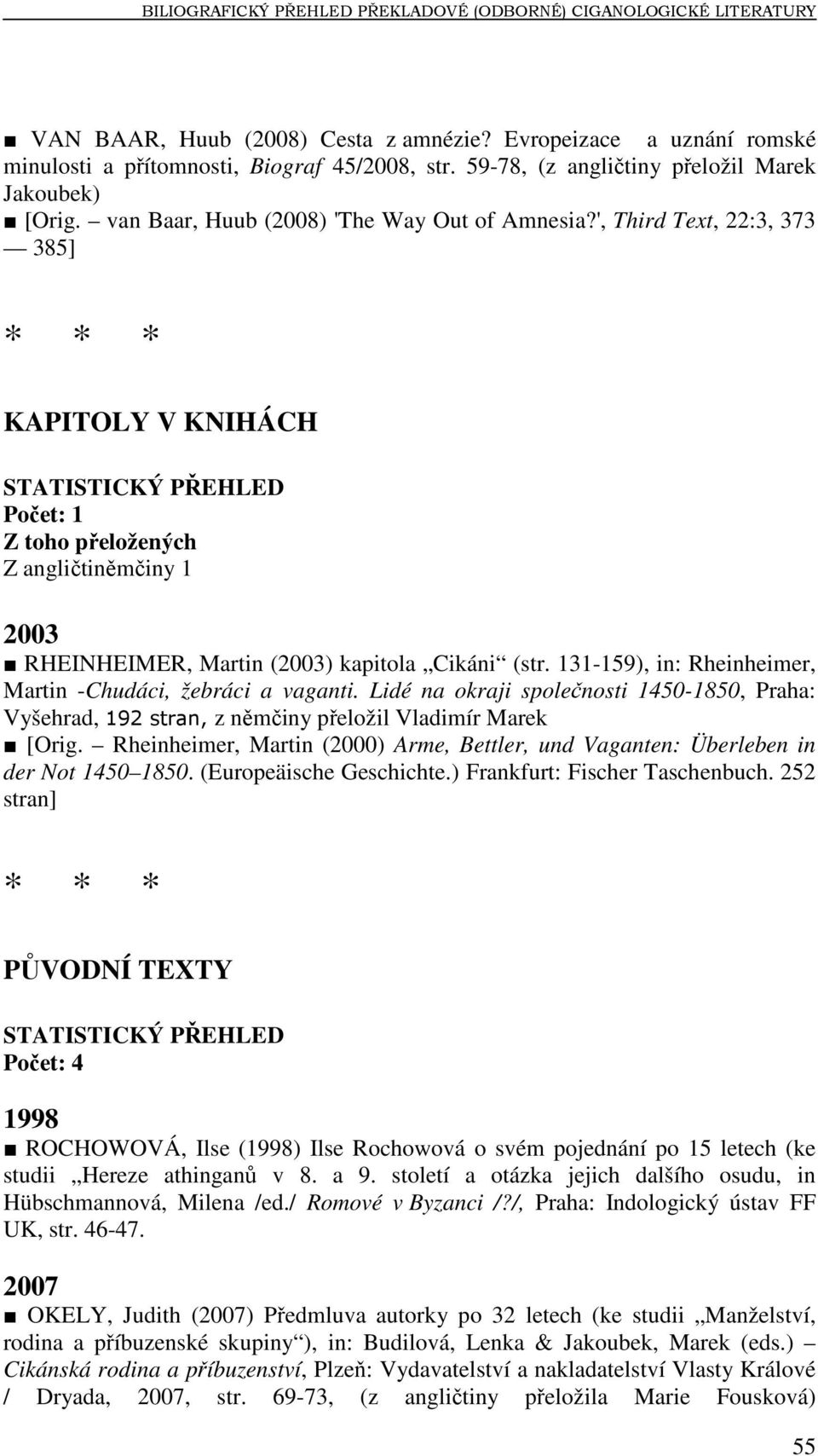 ', Third Text, 22:3, 373 385] * * * KAPITOLY V KNIHÁCH STATISTICKÝ PŘEHLED Počet: 1 Z toho přeložených Z angličtiněmčiny 1 2003 RHEINHEIMER, Martin (2003) kapitola Cikáni (str.