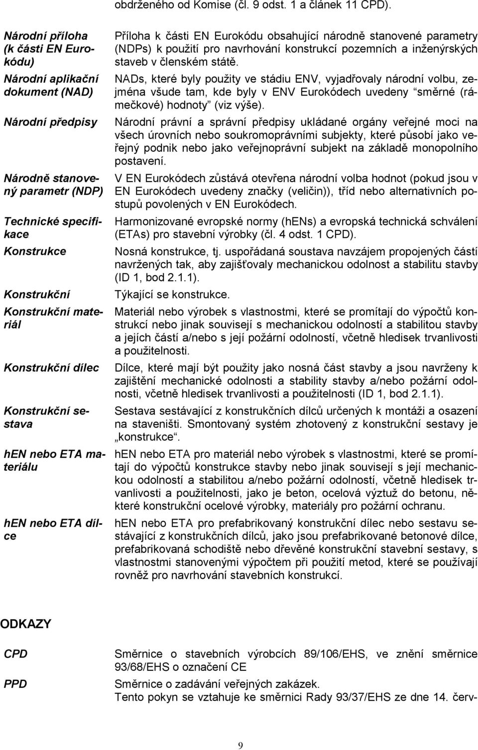 dílec Konstrukční sestava hen nebo ETA materiálu hen nebo ETA dílce Příloha k části EN Eurokódu obsahující národně stanovené parametry (NDPs) k použití pro navrhování konstrukcí pozemních a