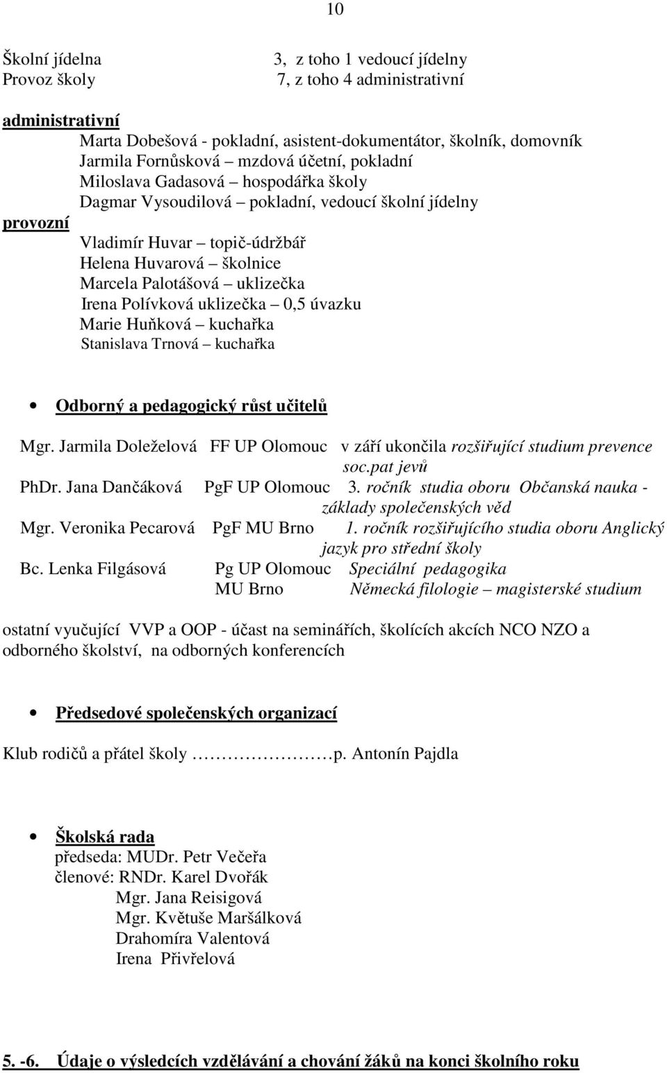 Irena Polívková uklizečka 0,5 úvazku Marie Huňková kuchařka Stanislava Trnová kuchařka Odborný a pedagogický růst učitelů Mgr.