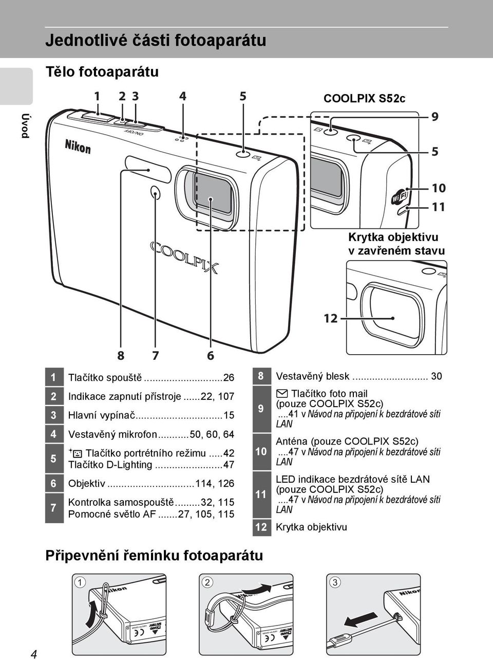 ..32, 115 Pomocné světlo AF...27, 105, 115 8 Vestavěný blesk... 30 F Tlačítko foto mail (pouze COOLPIX S52c) 9...41 v Návod na připojení k bezdrátové síti LAN Anténa (pouze COOLPIX S52c) 10.