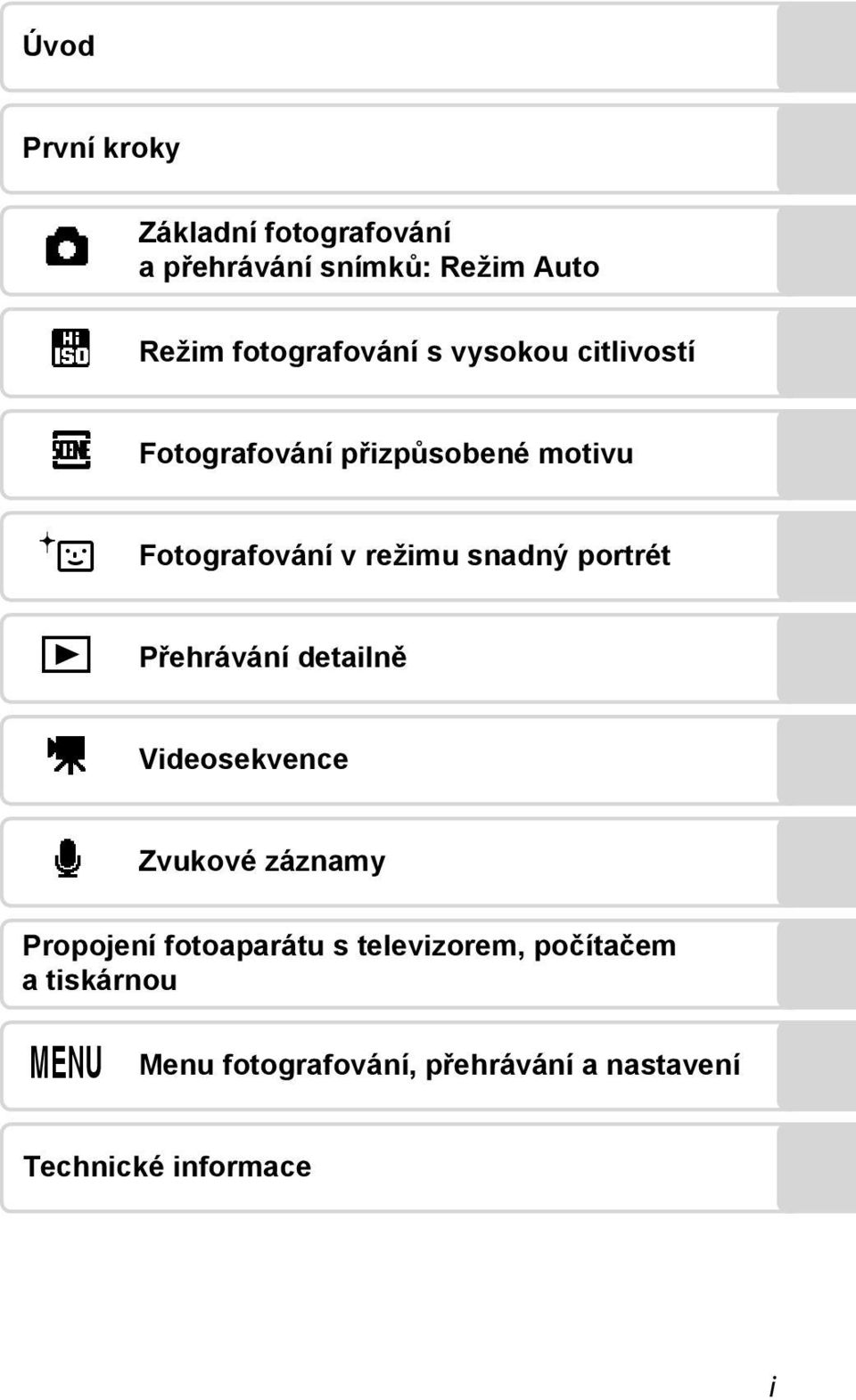 snadný portrét Přehrávání detailně Videosekvence Zvukové záznamy Propojení fotoaparátu s