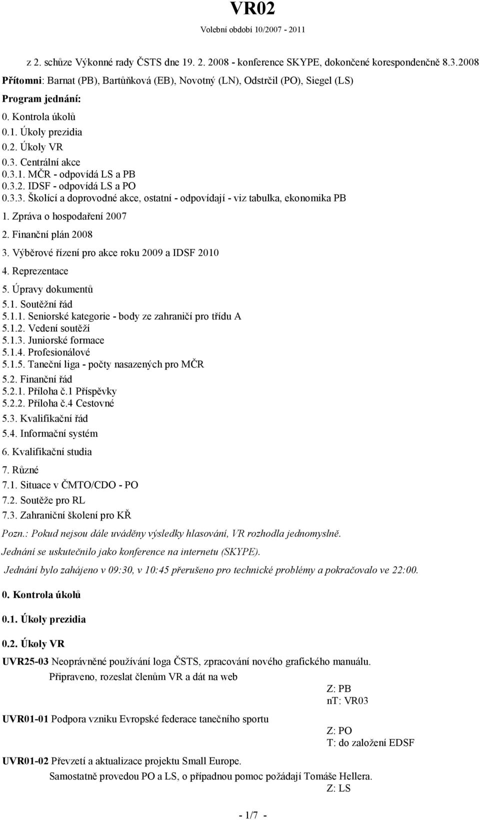 Zpráva hspdaření 2007 2. Finanční plán 2008 3. Výběrvé řízení pr akce rku 2009 a IDSF 2010 4. Reprezentace 5. Úpravy dkumentů 5.1. Sutěžní řád 5.1.1. Senirské kategrie - bdy ze zahraničí pr třídu A 5.