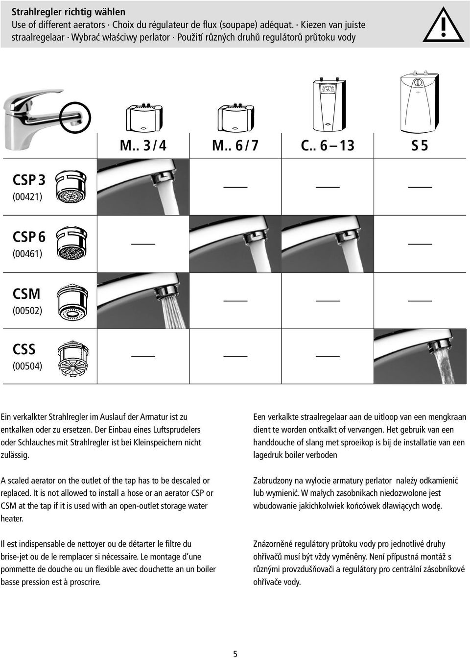 . 6 13 S 5 CSP 6 (00461) CSM (00502) CSS (00504) Ein verkalkter Strahlregler im Auslauf der Armatur ist zu entkalken oder zu ersetzen.
