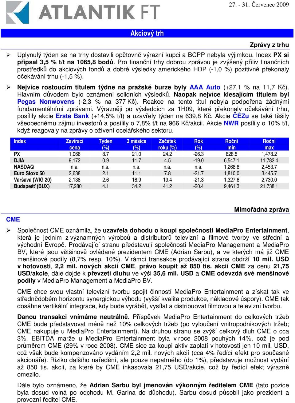 Nejvíce rostoucím titulem týdne na pražské burze byly AAA Auto (+27,1 % na 11,7 K). Hlavním dvodem bylo oznámení solidních výsledk.