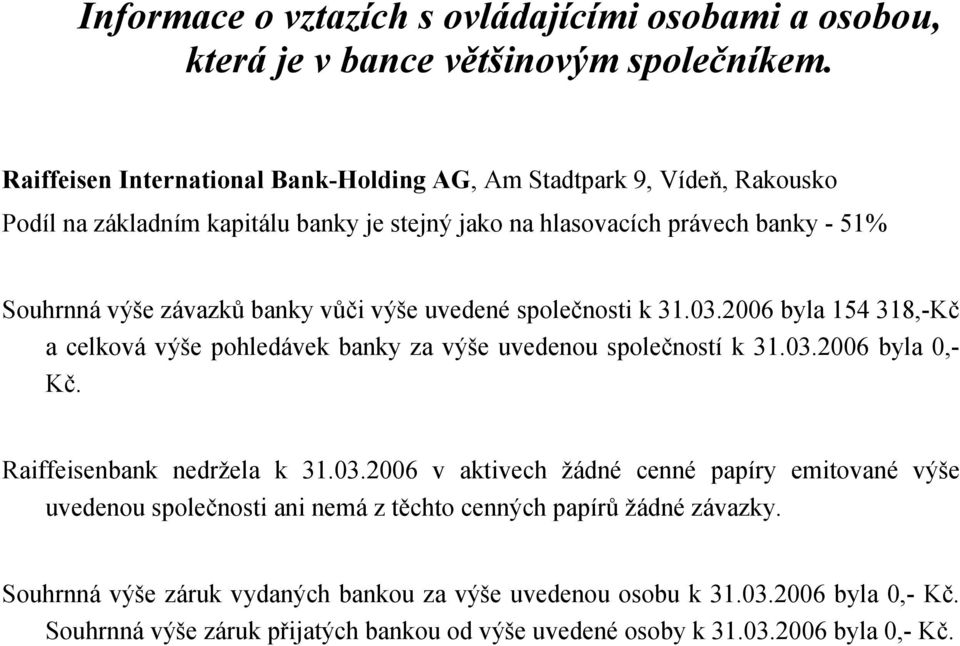 vůči výše uvedené společnosti k 31.03.2006 byla 154 318,-Kč a celková výše pohledávek banky za výše uvedenou společností k 31.03.2006 byla 0,- Kč. Raiffeisenbank nedržela k 31.03.2006 v aktivech žádné cenné papíry emitované výše uvedenou společnosti ani nemá z těchto cenných papírů žádné závazky.