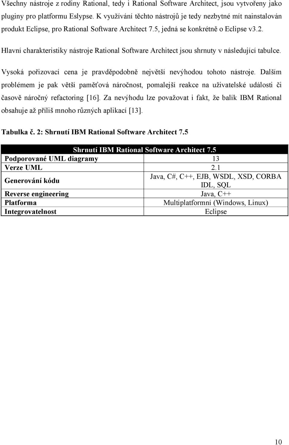 Hlavní charakteristiky nástroje Rational Software Architect jsou shrnuty v následující tabulce. Vysoká pořizovací cena je pravděpodobně největší nevýhodou tohoto nástroje.