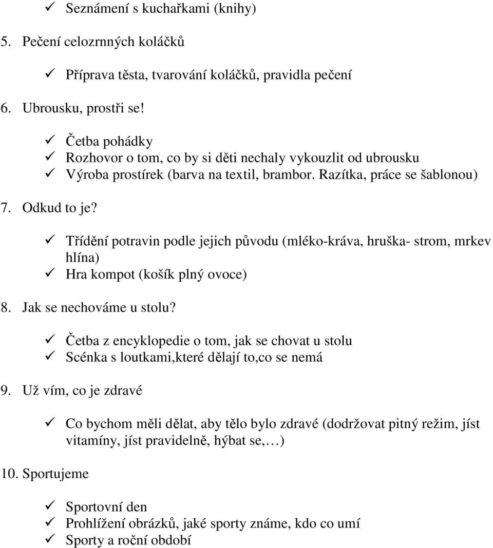 Třídění potravin podle jejich původu (mléko-kráva, hruška- strom, mrkev hlína) Hra kompot (košík plný ovoce) 8. Jak se nechováme u stolu?