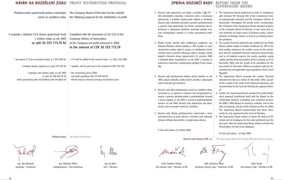 tantiémy budou vyplaceny ve výši 745 932 Kč zbývající část čistého zisku za rok 2003 ve výši 18 494 843,78 Kč bude ponechána jako nerozdělený zisk minulých let Představenstvo The Company Board of