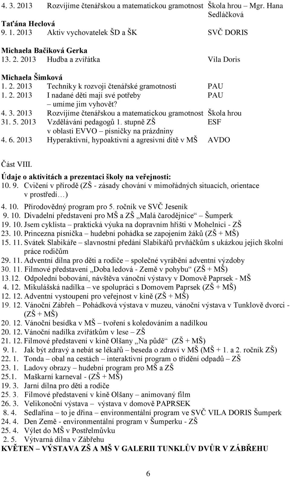 2013 Vzdělávání pedagogů 1. stupně ZŠ ESF v oblasti EVVO písničky na prázdniny 4. 6. 2013 Hyperaktivní, hypoaktivní a agresivní dítě v MŠ AVDO Část VIII.