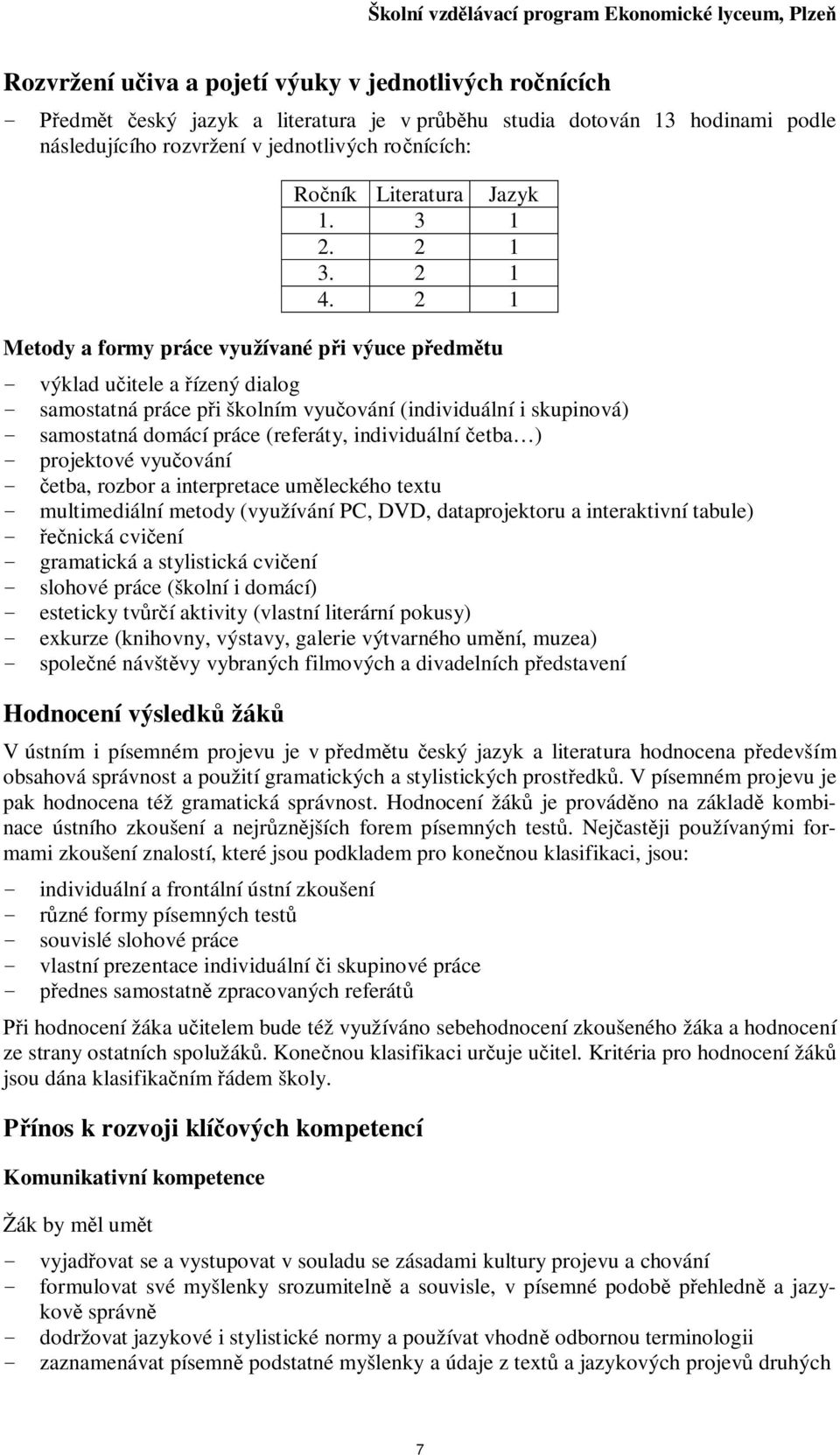 individuální etba ) - projektové vyuování - etba, rozbor a interpretace umleckého textu - multimediální metody (využívání PC, DVD, dataprojektoru a interaktivní tabule) - nická cviení - gramatická a