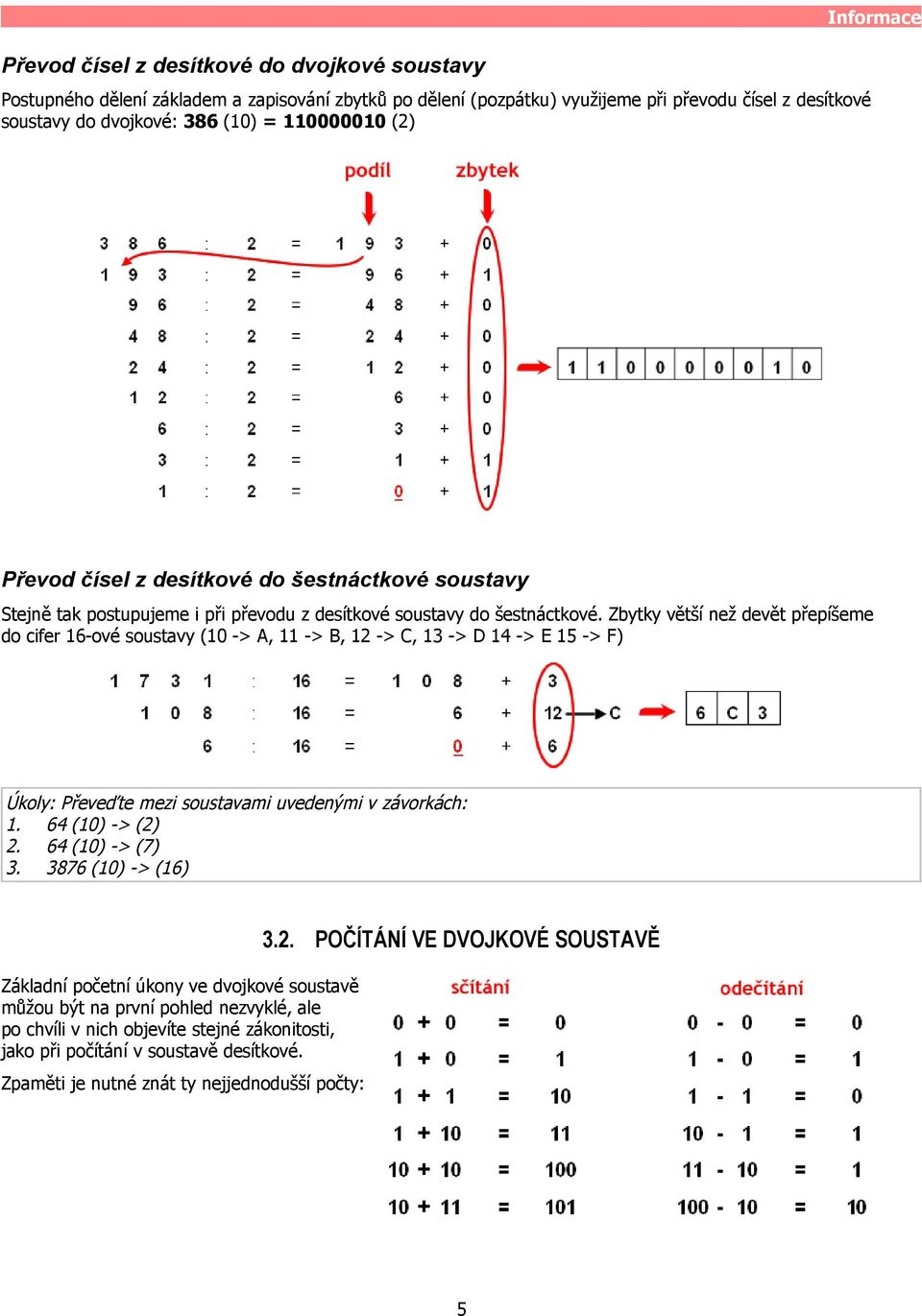 Zbytky větší než devět přepíšeme do cifer 16-ové soustavy (10 -> A, 11 -> B, 12 -> C, 13 -> D 14 -> E 15 -> F) Úkoly: Převeďte mezi soustavami uvedenými v závorkách: 1. 64 (10) -> (2) 2.
