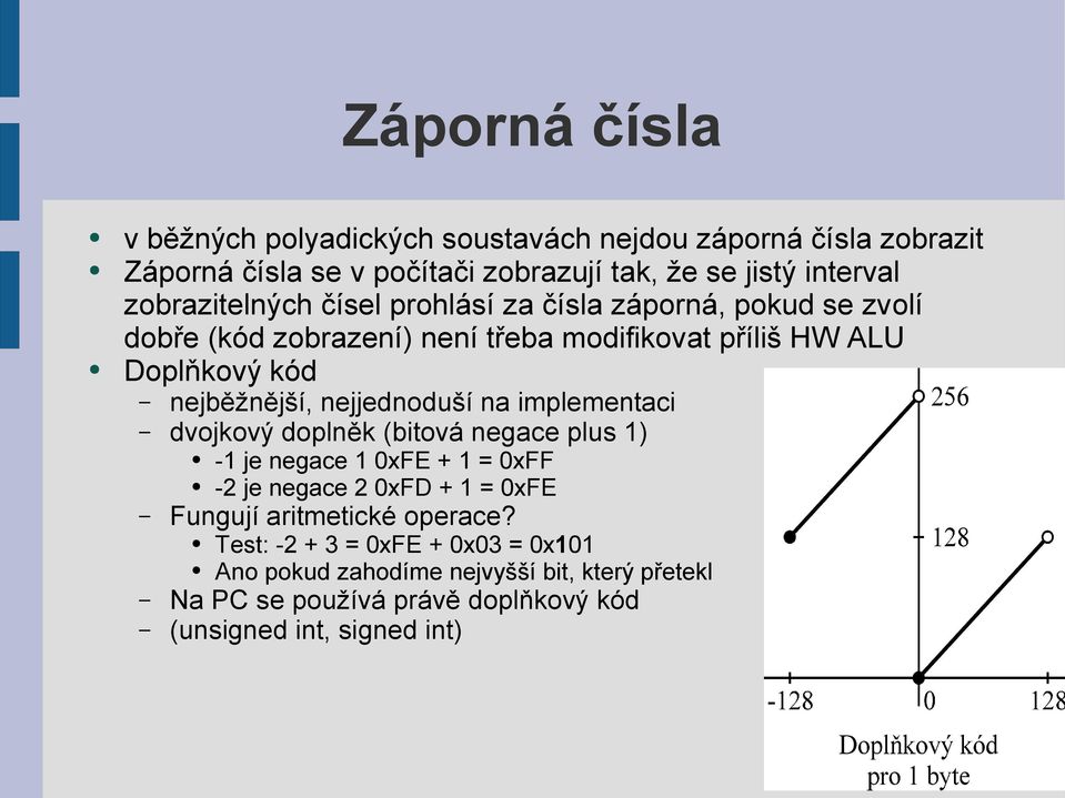 nejjednoduší na implementaci dvojkový doplněk (bitová negace plus 1) -1 je negace 1 0xFE + 1 = 0xFF -2 je negace 2 0xFD + 1 = 0xFE Fungují