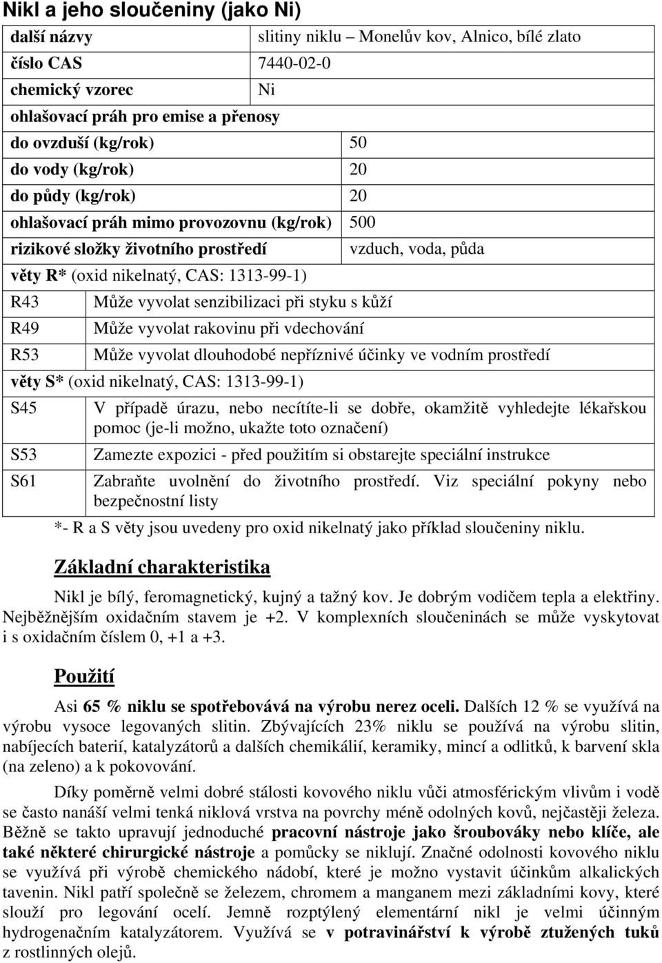 styku s kůží Může vyvolat rakovinu při vdechování vzduch, voda, půda Může vyvolat dlouhodobé nepříznivé účinky ve vodním prostředí věty S* (oxid nikelnatý, CAS: 1313-99-1) S45 S53 S61 V případě