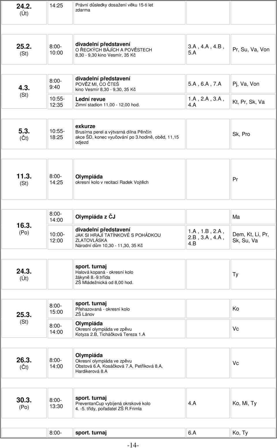 5.A, 6.A, 7.A Pj, Va, Von 1.A, 2.A, 3.A, 4.A Kt, Pr, Sk, Va 5.3. (Čt) 10:55-18:25 exkurze Brusírna perel a výtvarná dílna Pěnčín akce ŠD, konec vyučování po 3.hodině, oběd, 11,15 odjezd Sk, Pro 11.3. (St) 14:25 Olympiáda okresní kolo v recitaci Radek Vojtěch Pr 14:00 16.