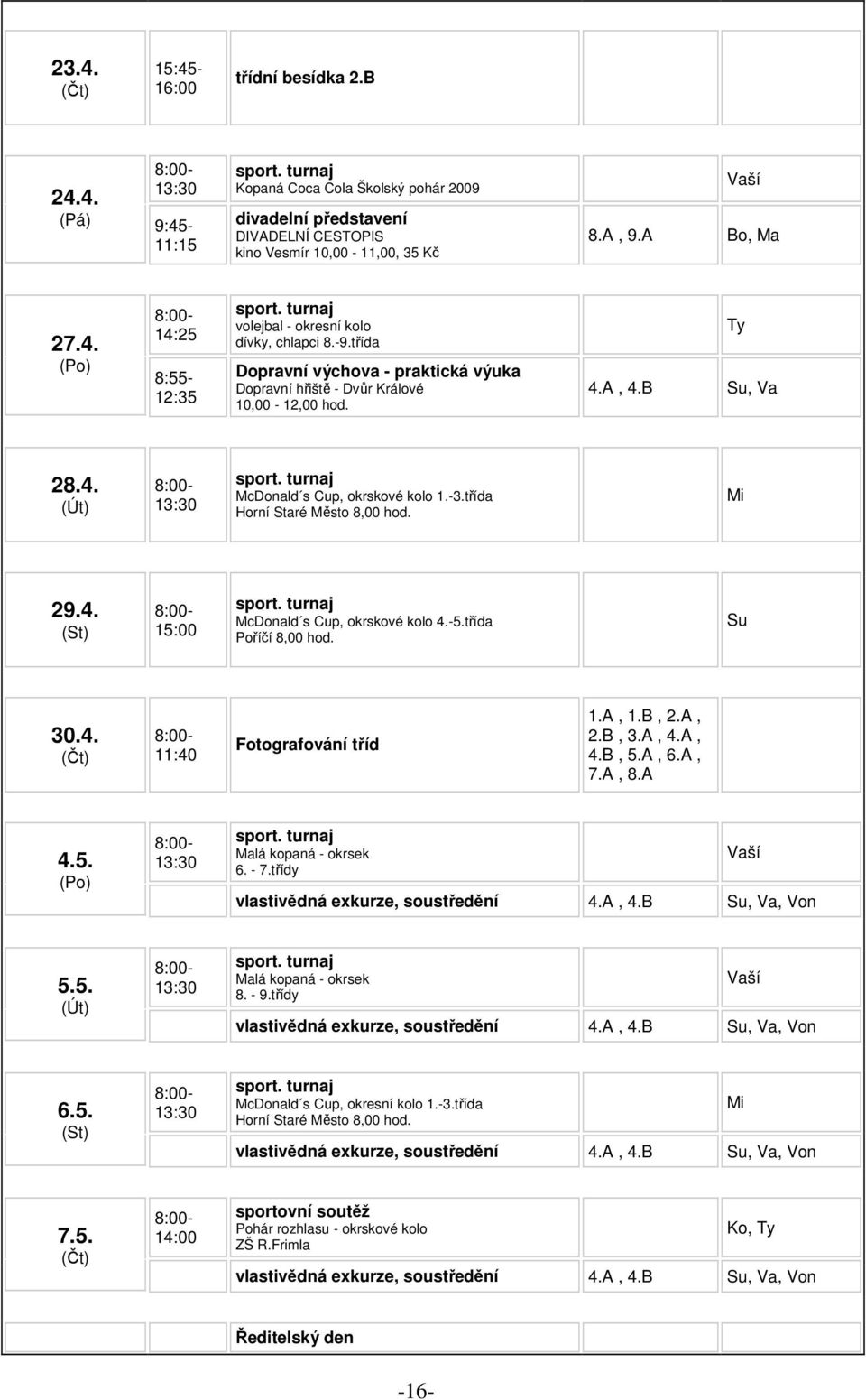 -3.třída Horní Staré Město 8,00 hod. Mi 29.4. (St) 15:00 McDonald s Cup, okrskové kolo 4.-5.třída Poříčí 8,00 hod. Su 30.4. (Čt) 11:40 Fotografování tříd 1.A, 1.B, 2.A, 2.B, 3.A, 4.A, 4.B, 5.A, 6.