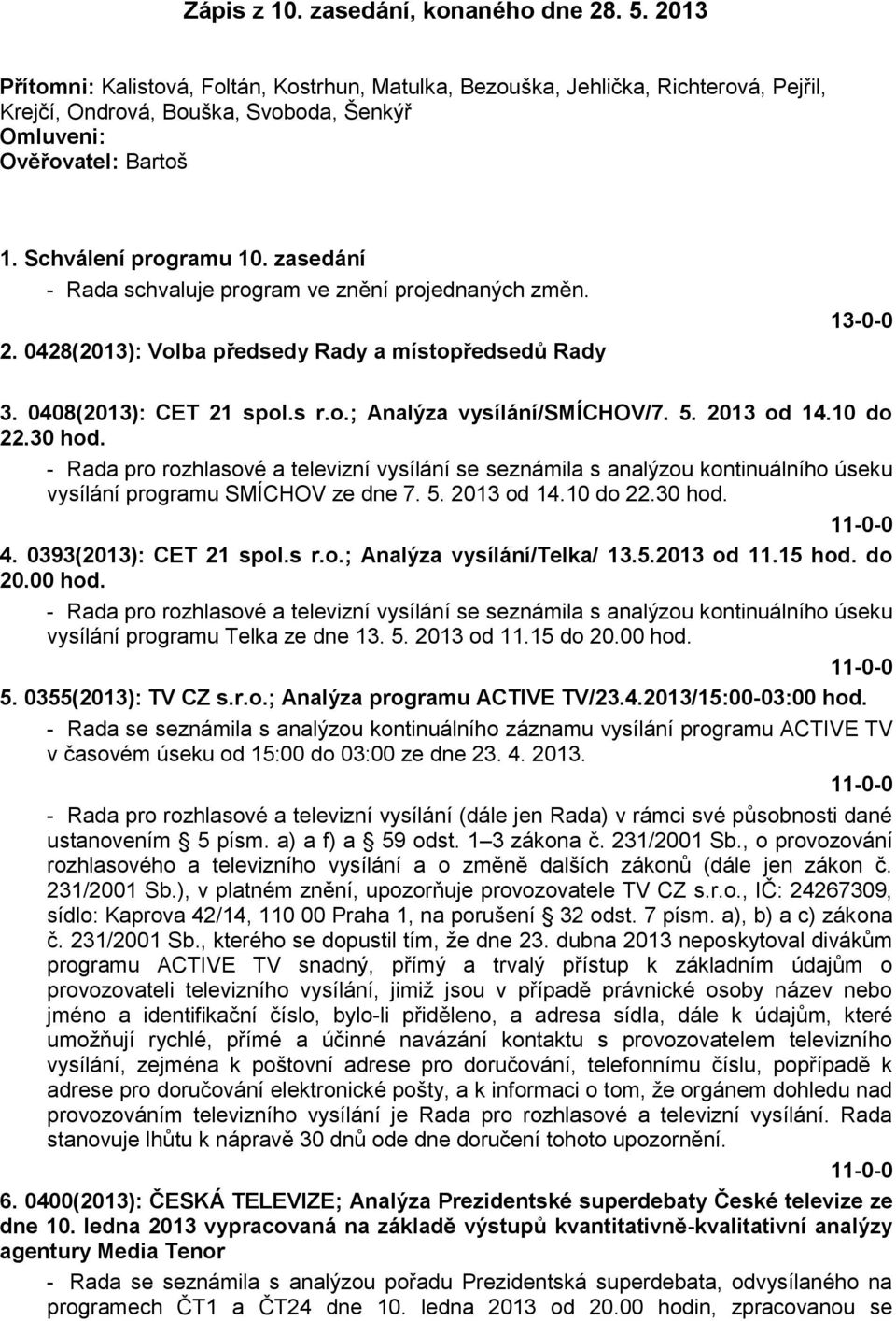 zasedání - Rada schvaluje program ve znění projednaných změn. 2. 0428(2013): Volba předsedy Rady a místopředsedů Rady 13-0-0 3. 0408(2013): CET 21 spol.s r.o.; Analýza vysílání/smíchov/7. 5.