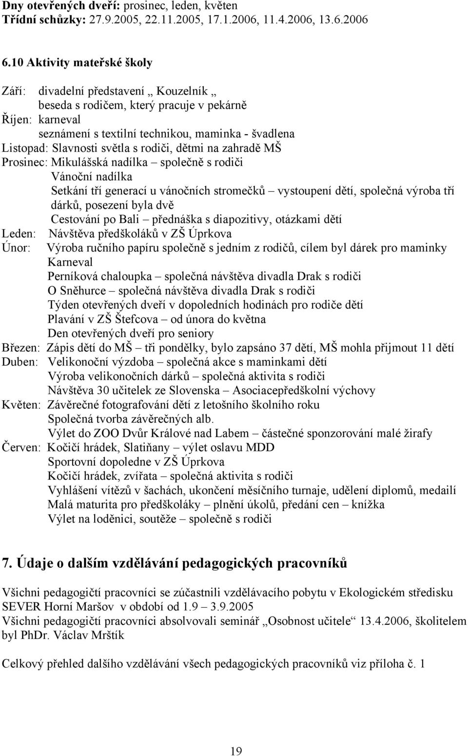 světla s rodiči, dětmi na zahradě MŠ Prosinec: Mikulášská nadílka společně s rodiči Vánoční nadílka Setkání tří generací u vánočních stromečků vystoupení dětí, společná výroba tří dárků, posezení