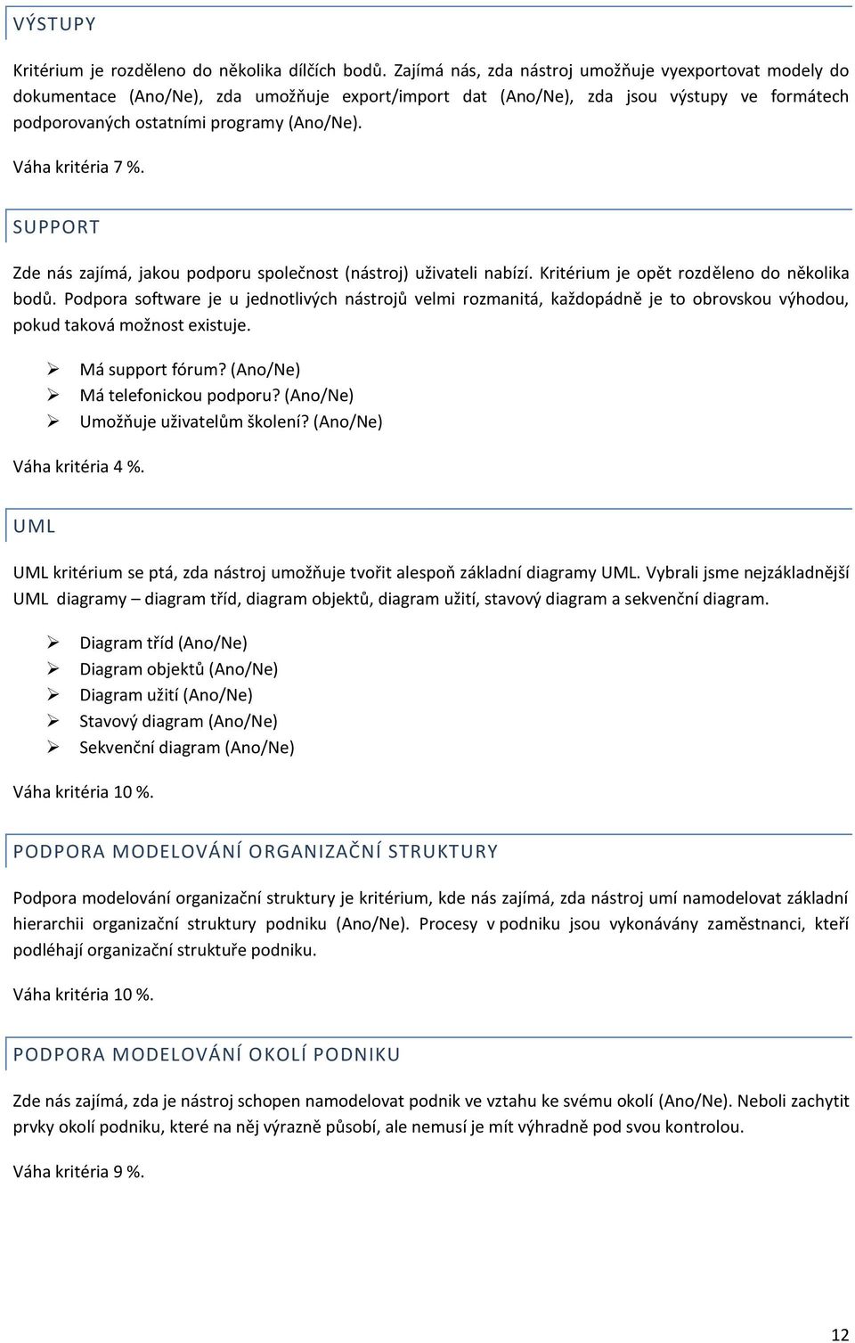 Váha kritéria 7 %. SUPPORT Zde nás zajímá, jakou podporu společnost (nástroj) uživateli nabízí. Kritérium je opět rozděleno do několika bodů.