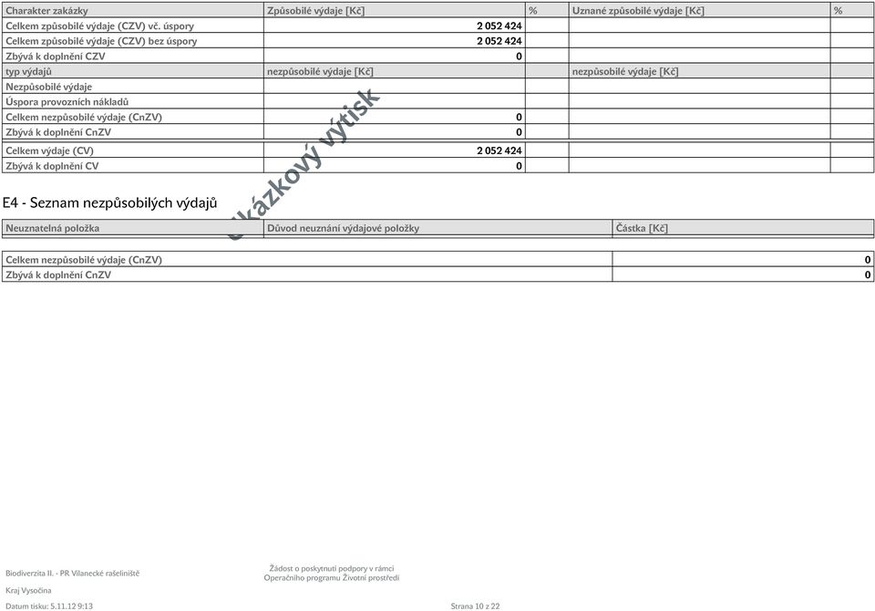 Nezpůsobilé výdaje Úspora provozních nákladů Celkem nezpůsobilé výdaje (CnZV) 0 Zbývá k doplnění CnZV 0 Celkem výdaje (CV) 2 052 424 Zbývá k doplnění