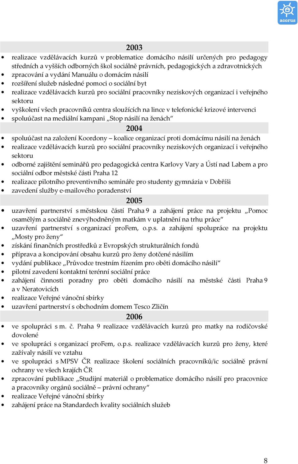 sloužících na lince v telefonické krizové intervenci spoluúčast na mediální kampani Stop násilí na ženách 2004 spoluúčast na založení Koordony koalice organizací proti domácímu násilí na ženách