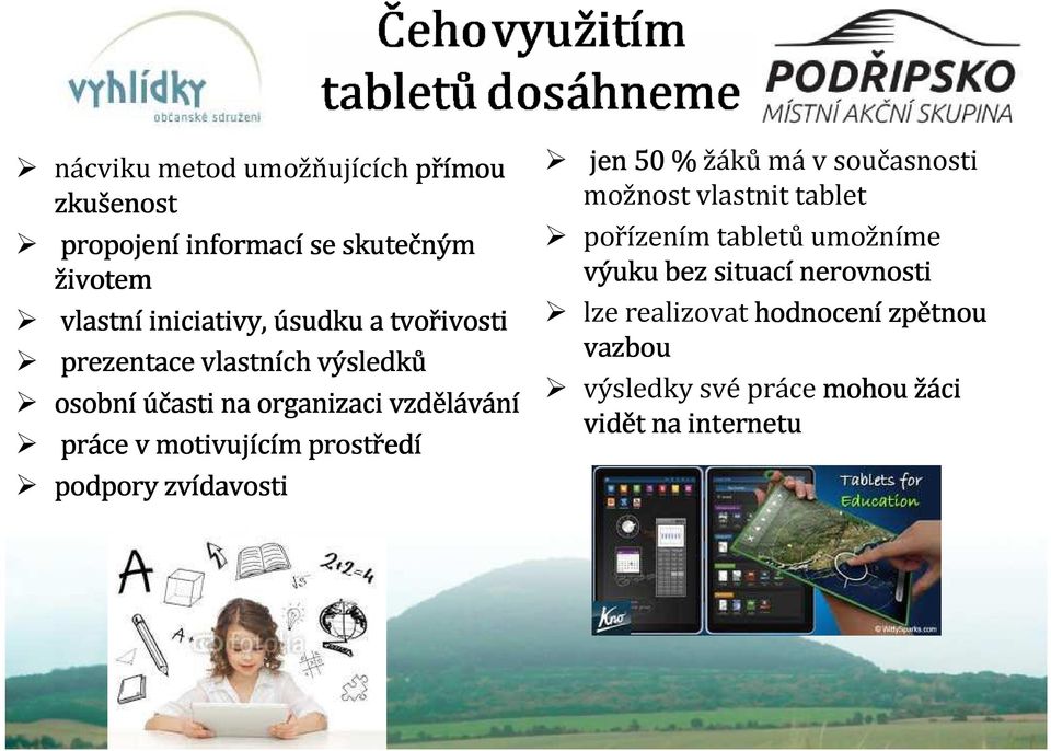 prostřed edí podpory zvídavosti jen 50 % žákůmáv současnosti možnost vlastnit tablet pořízením tabletůumožníme