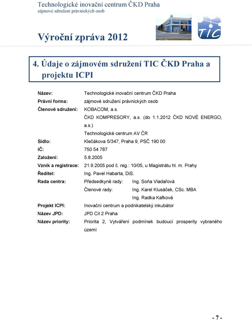 m. Prahy Ředitel: Ing. Pavel Habarta, DiS. Rada centra: Předsedkyně rady: Ing. Soňa Vladařová Členové rady: Ing. Karel Klusáček, CSc. MBA Ing.