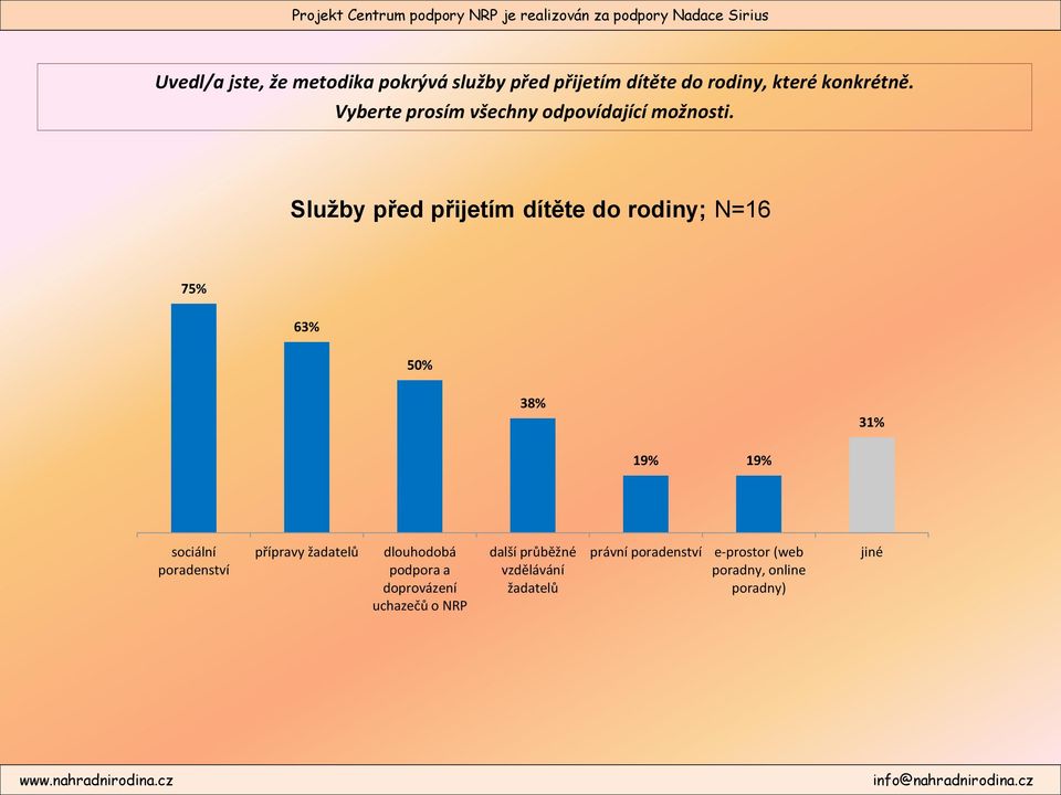 Služby před přijetím dítěte do rodiny; N=16 75% 63% 50% 38% 31% 19% 19% sociální přípravy