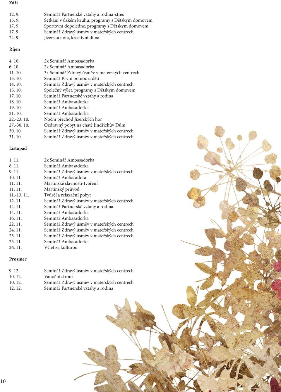 10. Společný výlet, programy s Dětským domovem 17. 10. Seminář Partnerské vztahy a rodina 18. 10. Seminář Ambasadorka 19. 10. Seminář Ambasadorka 21. 10. Seminář Ambasadorka 22.-23. 10. Noční přechod Jizerských hor 27.