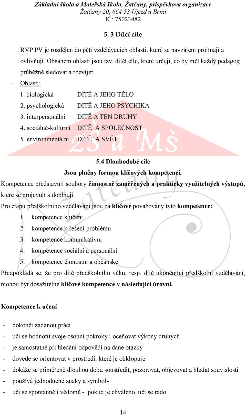 sociálně-kulturní DÍTĚ A SPOLEČNOST 5. environmentální DÍTĚ A SVĚT 5.4 Dlouhodobé cíle Jsou plněny formou klíčových kompetencí.