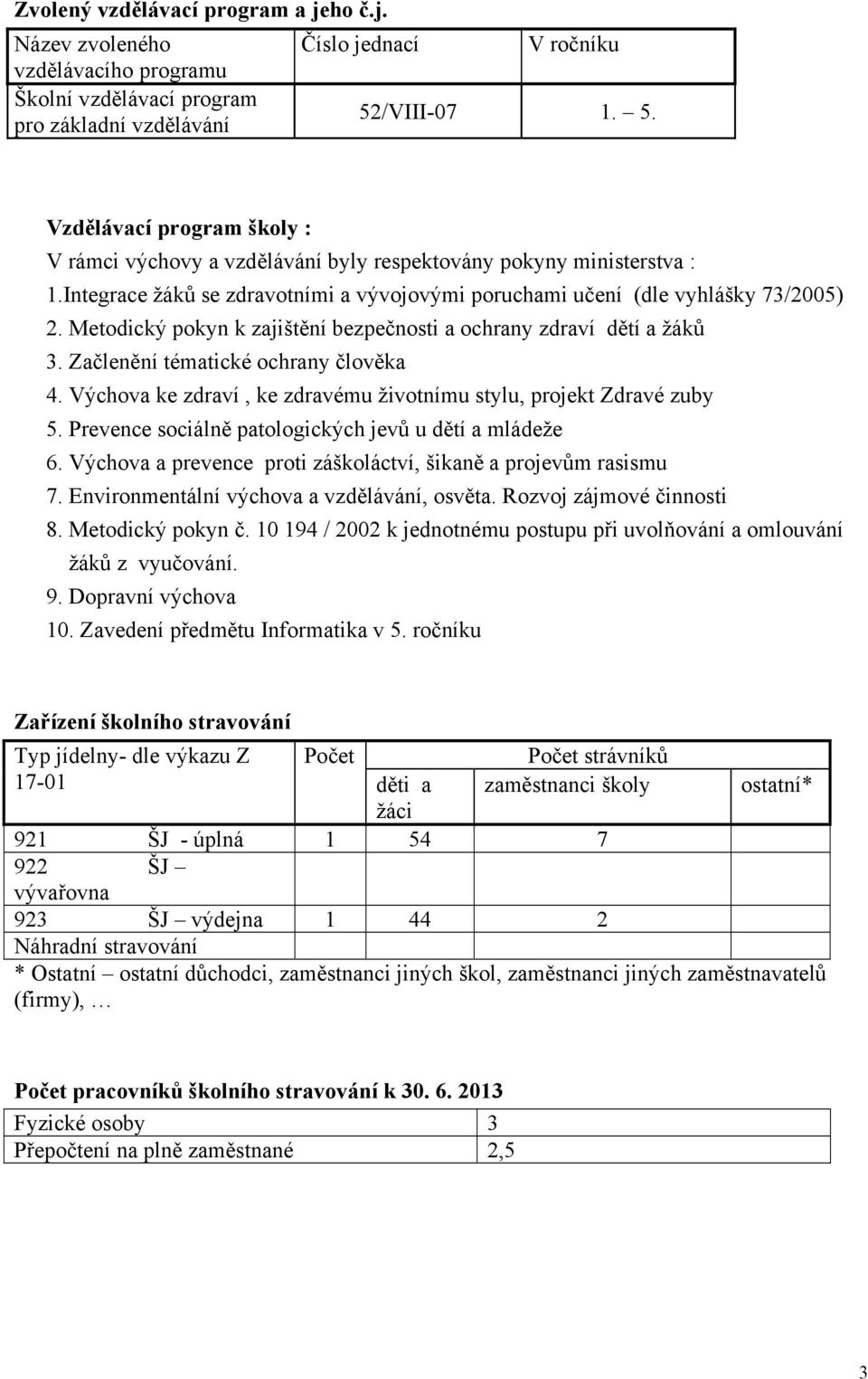 Metodický pokyn k zajištění bezpečnosti a ochrany zdraví dětí a žáků 3. Začlenění tématické ochrany člověka 4. Výchova ke zdraví, ke zdravému životnímu stylu, projekt Zdravé zuby 5.