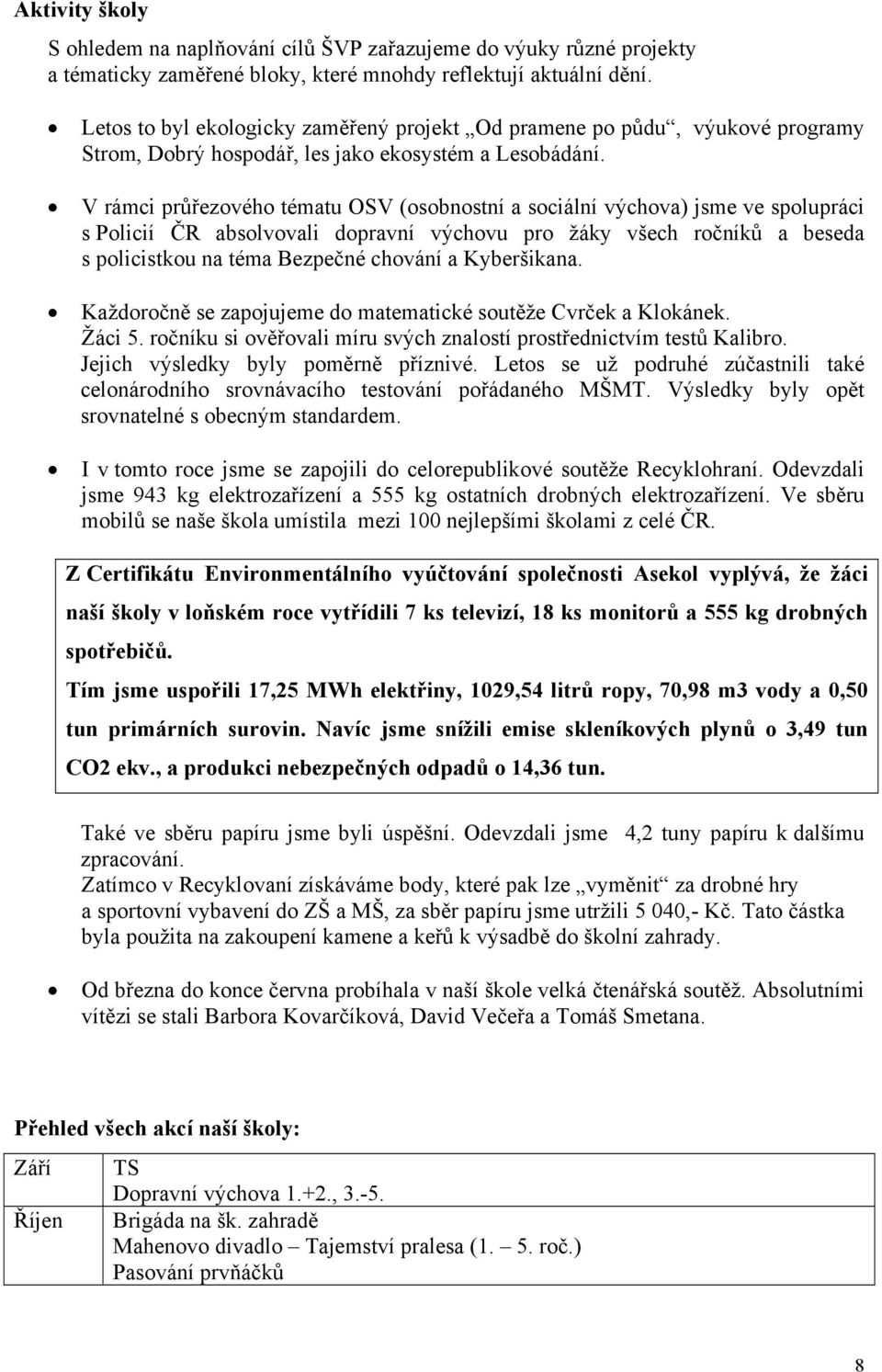 V rámci průřezového tématu OSV (osobnostní a sociální výchova) jsme ve spolupráci s Policií ČR absolvovali dopravní výchovu pro žáky všech ročníků a beseda s policistkou na téma Bezpečné chování a