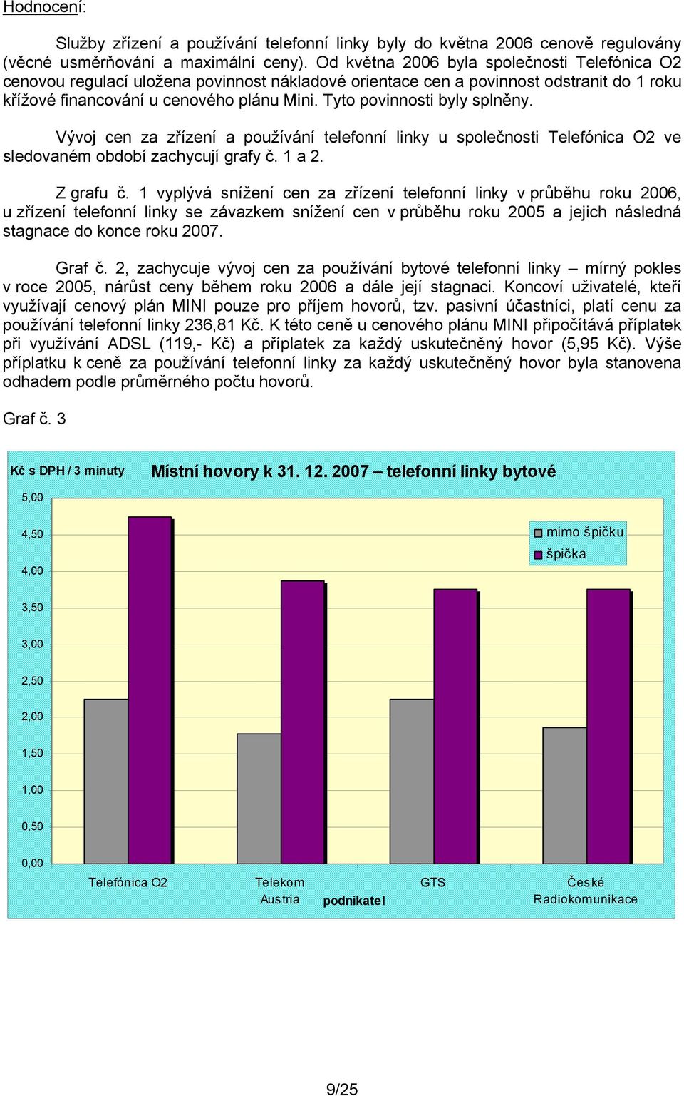 Tyto povinnosti byly splněny. Vývoj cen za zřízení a používání telefonní linky u společnosti Telefónica O2 ve sledovaném období zachycují grafy č. 1 a 2. Z grafu č.