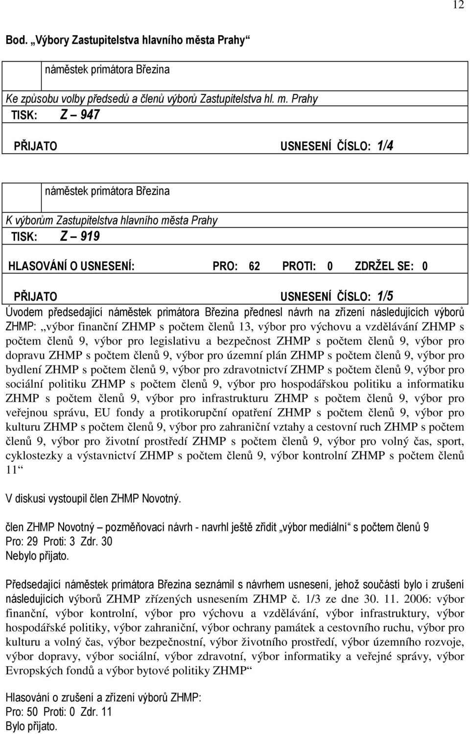 Prahy TISK: Z 947 PŘIJATO USNESENÍ ČÍSLO: 1/4 náměstek primátora Březina K výborům Zastupitelstva hlavního města Prahy TISK: Z 919 HLASOVÁNÍ O USNESENÍ: PRO: 62 PROTI: 0 ZDRŽEL SE: 0 PŘIJATO USNESENÍ